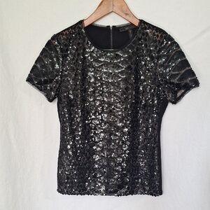 BCBGMaxAzria Black Sequin Fitted Blouse
